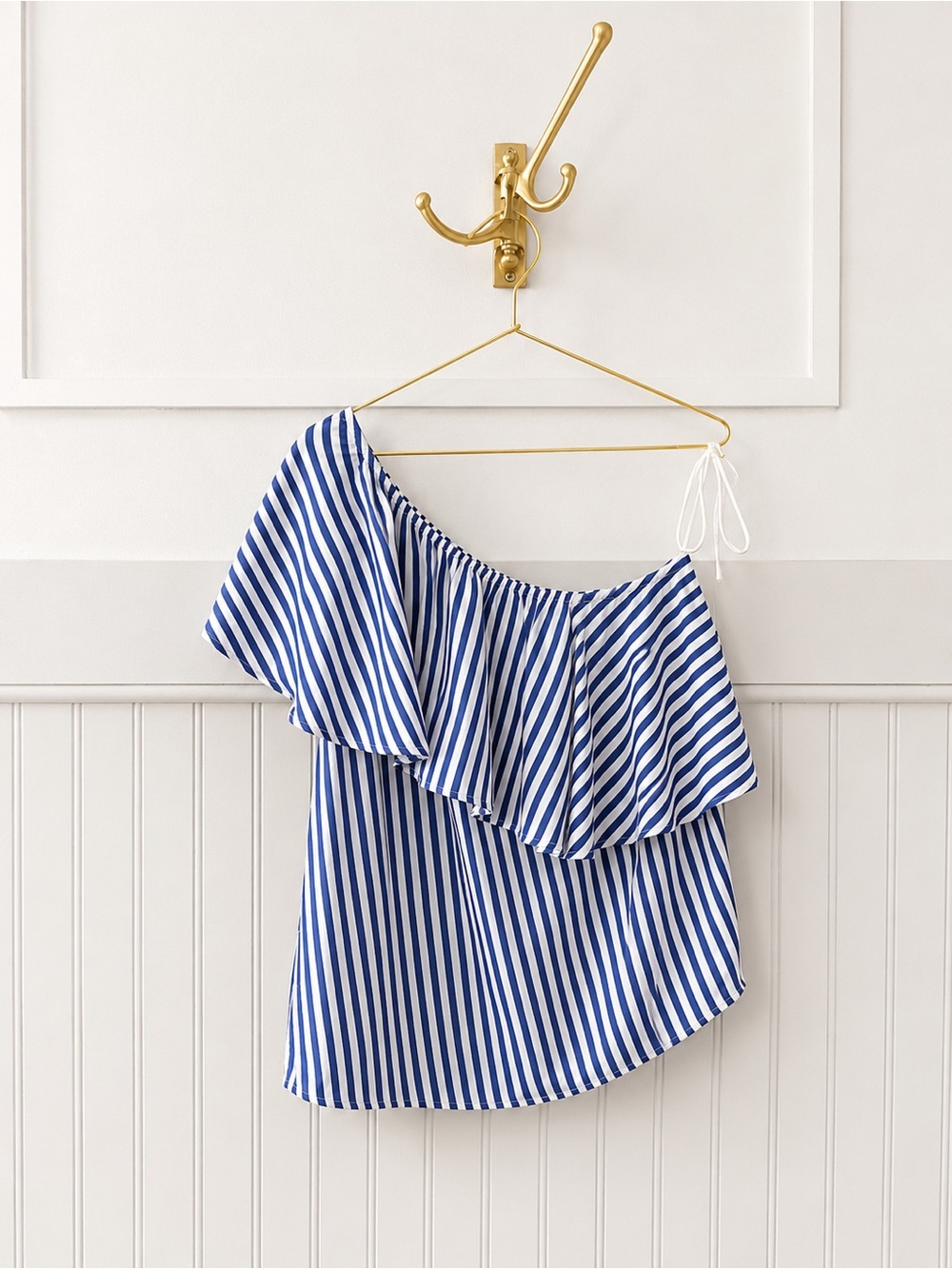 Z Supply Blue and White Striped One-Shoulder Ruffle Top